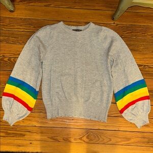 Central Park West sz S Gray Sweater striped balloon sleeves distressed hems